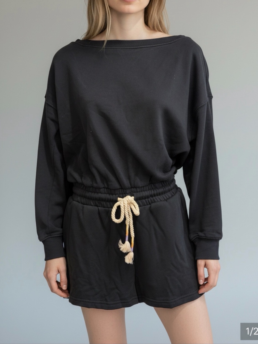 Spiritual Gangster Black Long Sleeve La Vida Romper with Rope Drawstring NWT XS